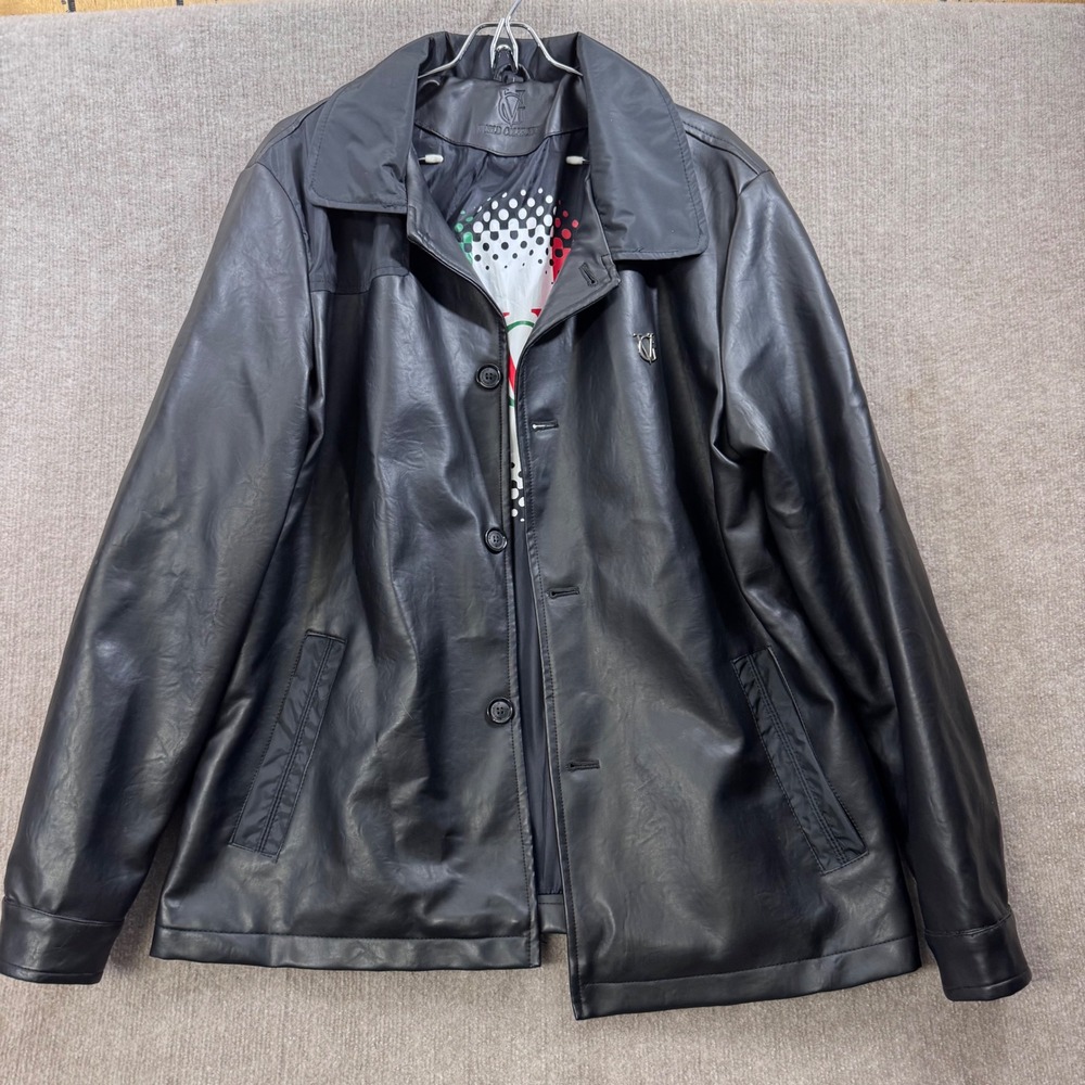 VG World Collection Black Faux Leather Jacket Italian Flag Lining Mens L
